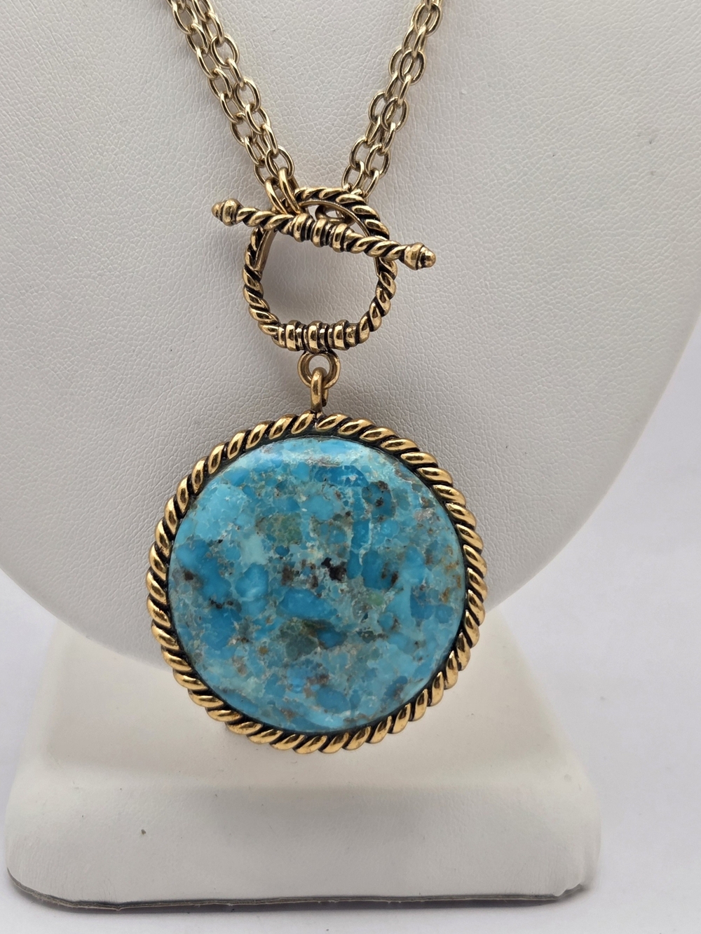 Barse Reversible Turquoise & Carved Leather Pendant Necklace - Gold Tone